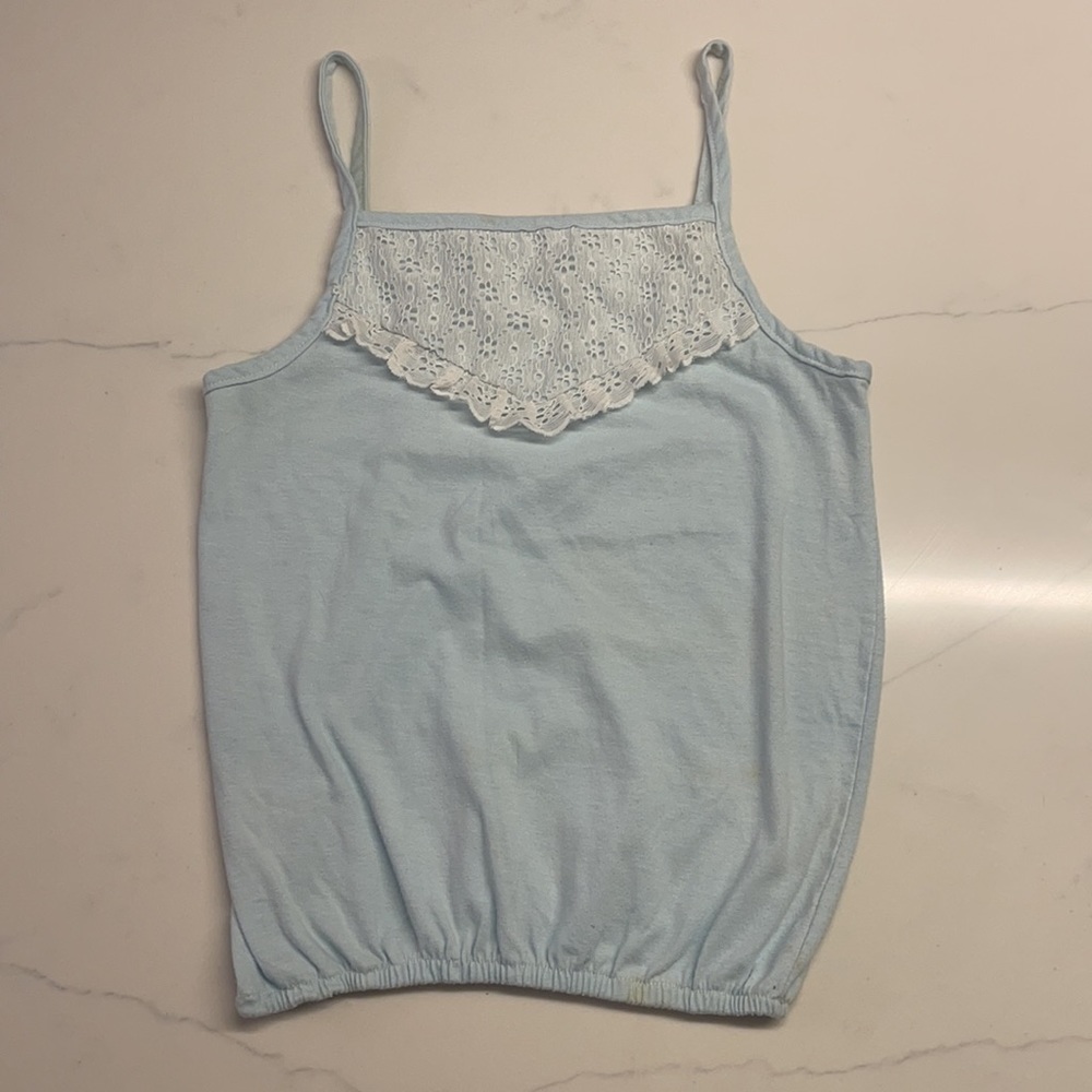 Vintage baby blue tank top, eyelet ruffle detail